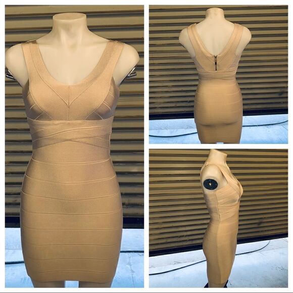 Bebe Double V-Neck Bandage Dress in Tapioca - Picture 2 of 8